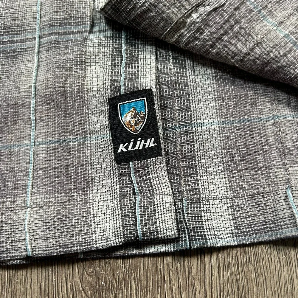 KUHL Button Down Shirt Large Grey Plaid Long Sleeve Mountain Grown Stretch